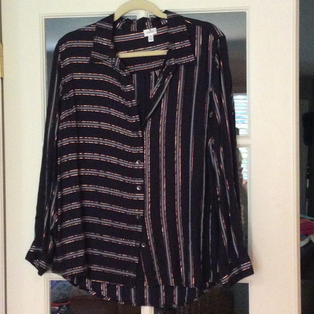 Dress barn navy blouse with metallic copper stripes
